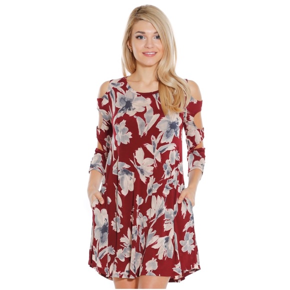 Burgundy Floral Cut Out Shift Dress - Picture 2 of 7